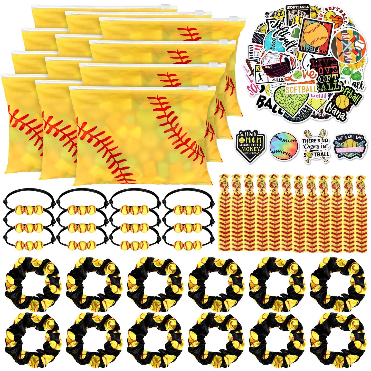 Yeyeplum 98 Pcs Softball Party Favors Include Softball Goodie Makeup Bags Bracelet Hair Bands Hair Ties Sticker for Sports Team 