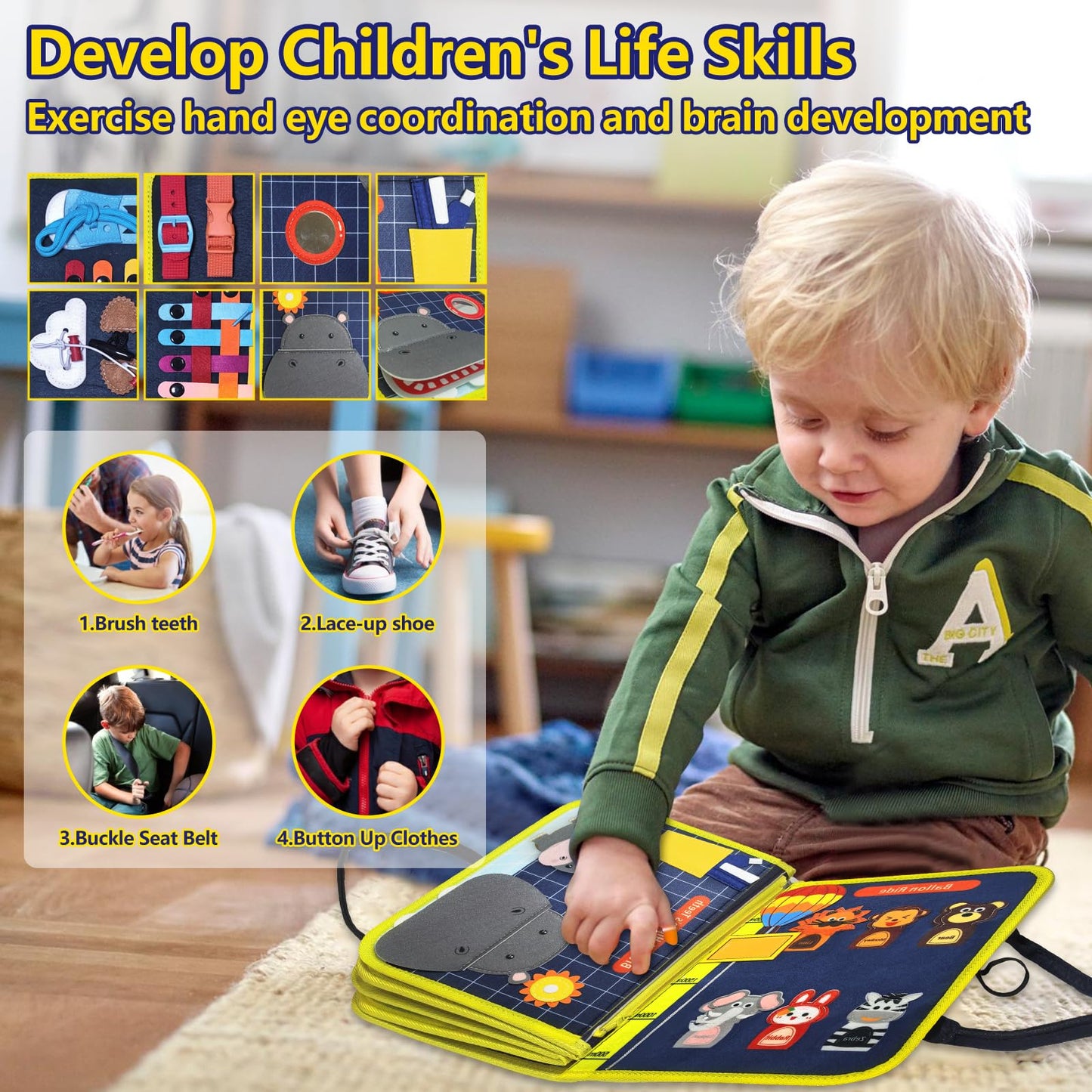 Busy Board ,Montessori Toys For Baby 3+ Year Old,Learning Toys Sensory Busy Book 12 Pages Educational Activity Basic Dress Motor