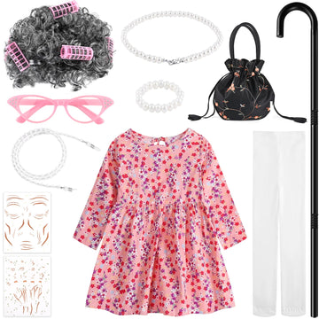 Matiniy Lady Costume Set Grandma Dress Set Include Granny Floral Skirt Granny Wig Glasses Bag Cane And More For 100Th Day Of Sch