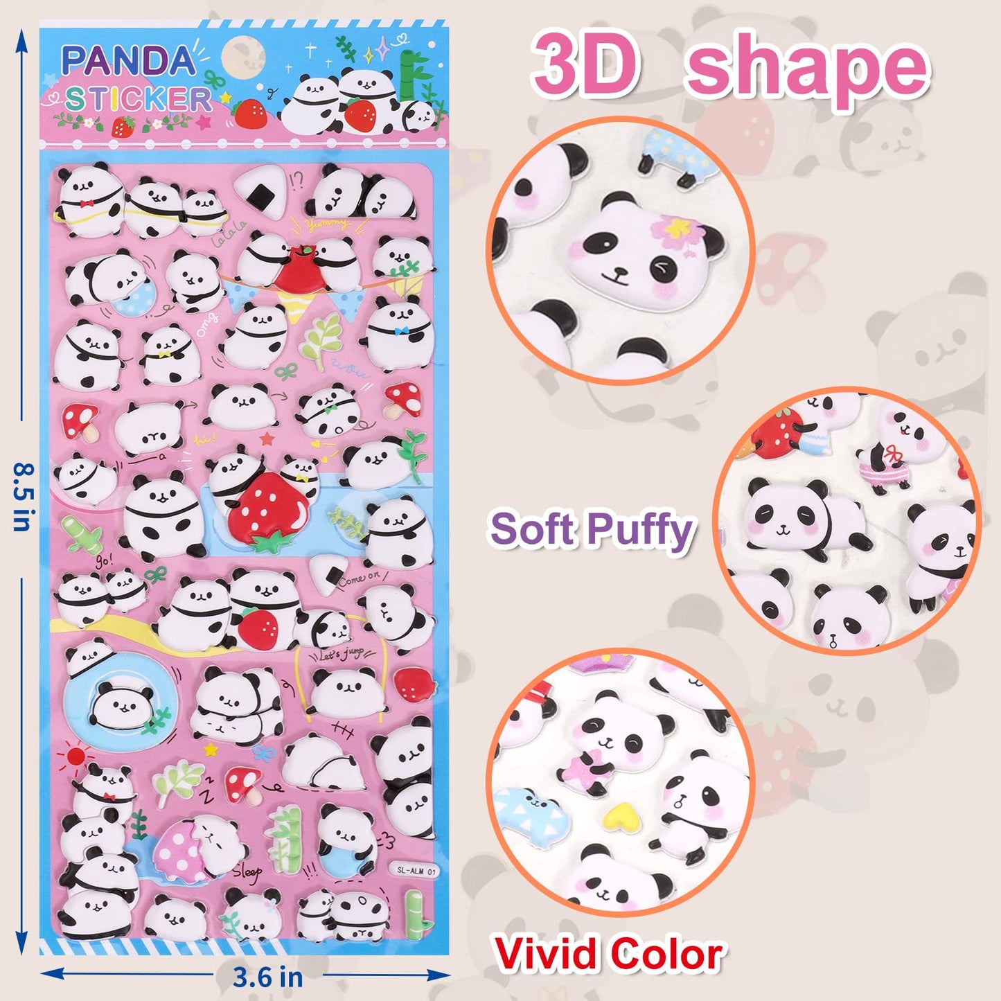Shangrla Cute Puffy Panda Stickers For Kids Girls Kawaii 3D Tiny Pandas Squishies Stickers For Phone Case Stationery, Small Panda Gifts Party Favor Stuff For Party Supplies,4 Sheets.