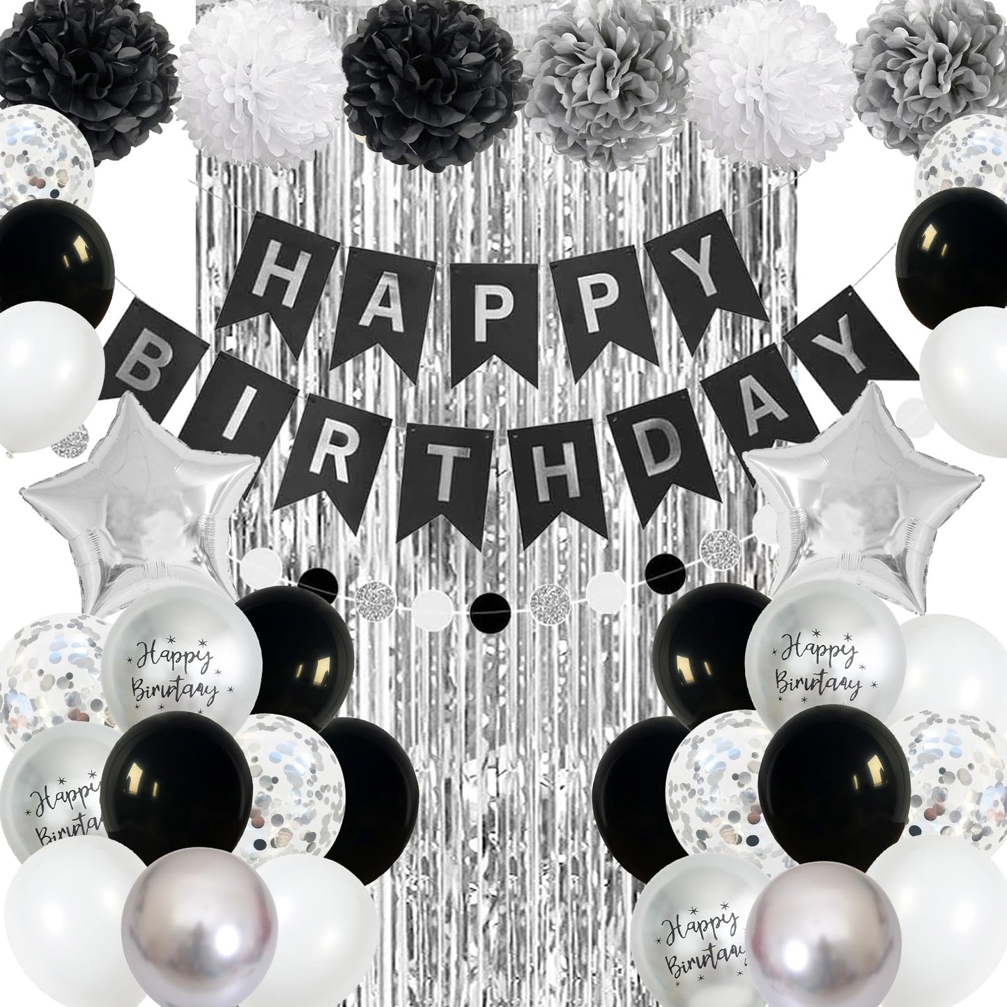Black And Silver Birthday Party Decorations, Black White Silver Balloons Birthday Decoration Black Happy Bithday Banner Star Foi