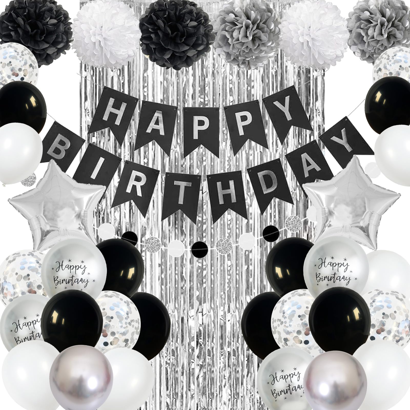 Black And Silver Birthday Party Decorations, Black White Silver Balloons Birthday Decoration Black Happy Bithday Banner Star Foi