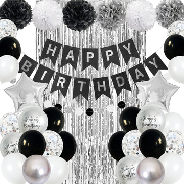 Black And Silver Birthday Party Decorations, Black White Silver Balloons Birthday Decoration Black Happy Bithday Banner Star Foi