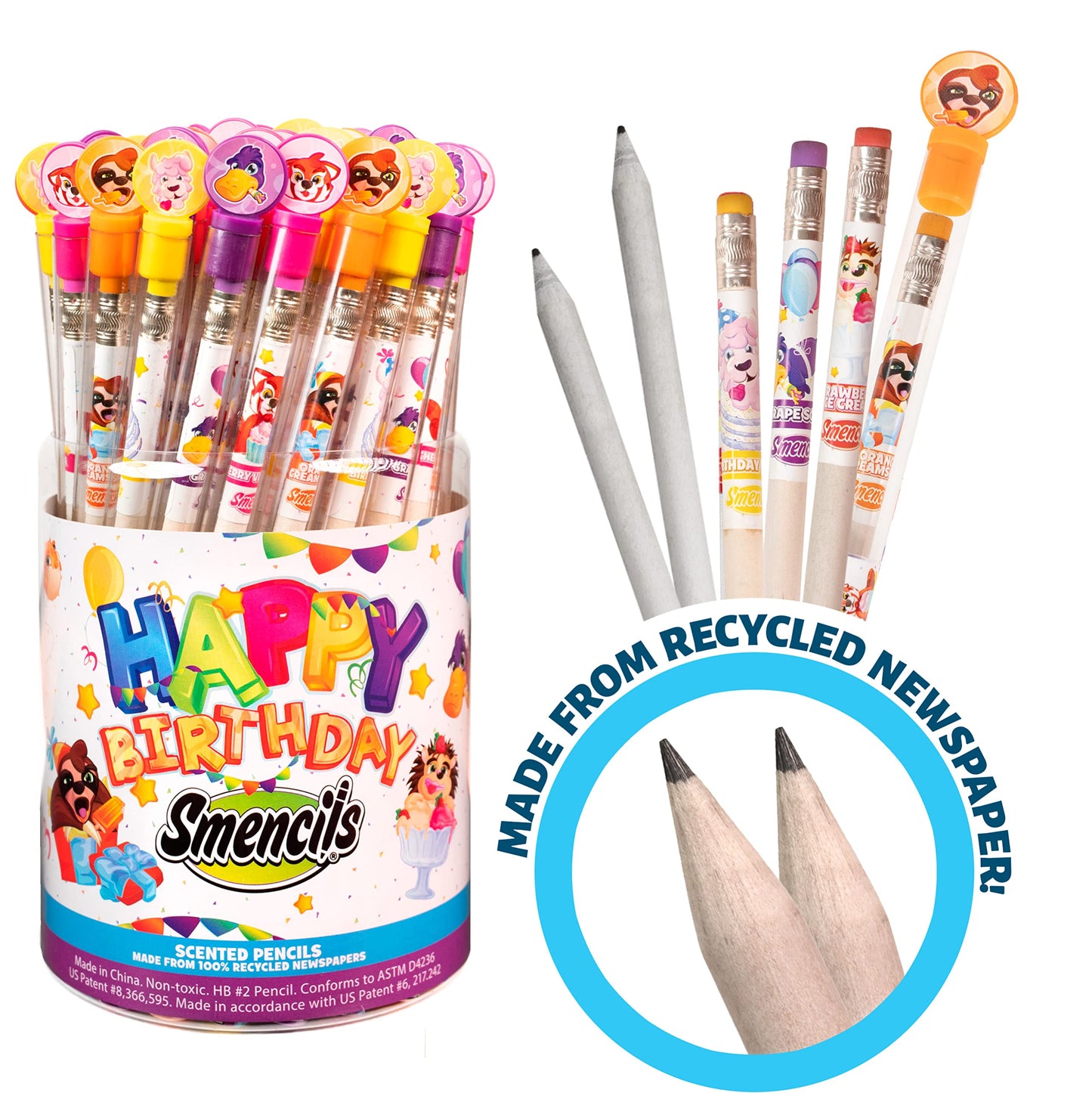 Party Animals Smencils Cylinder - Hb #2 Patented Gourmet Scented Pencils, 50 Count, Gifts For Kids