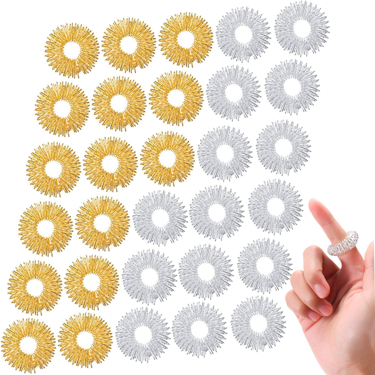 Blulu 30 Pack Spiky Finger Sensory Ring Gold Silver Acupressure Rings for Fingers Stress Relief Massager Toys for Teens Adults S