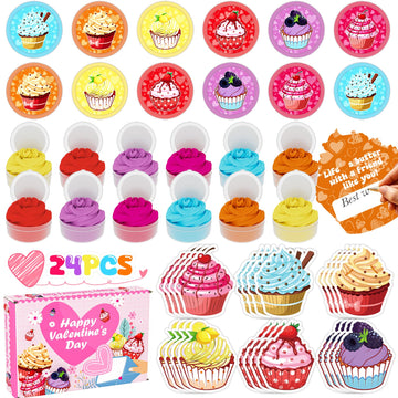 Valentines Day Gifts For Kids Classroom School, 24 Pack Cupcake Themed Slime Valentines Day Cards For Girls Boys, Party Favors,