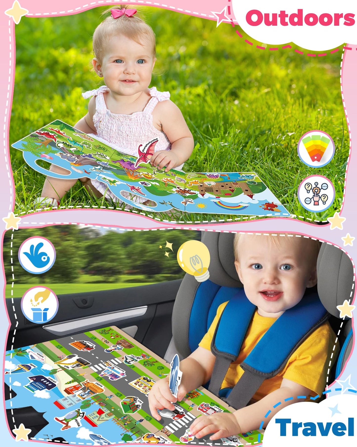 2 Pack Vehicle Dinosaur Reusable Sticker Book For Toddlers 2-4 Years, Toddler Sticker Book For Kids, Toddler Activities Crafts P