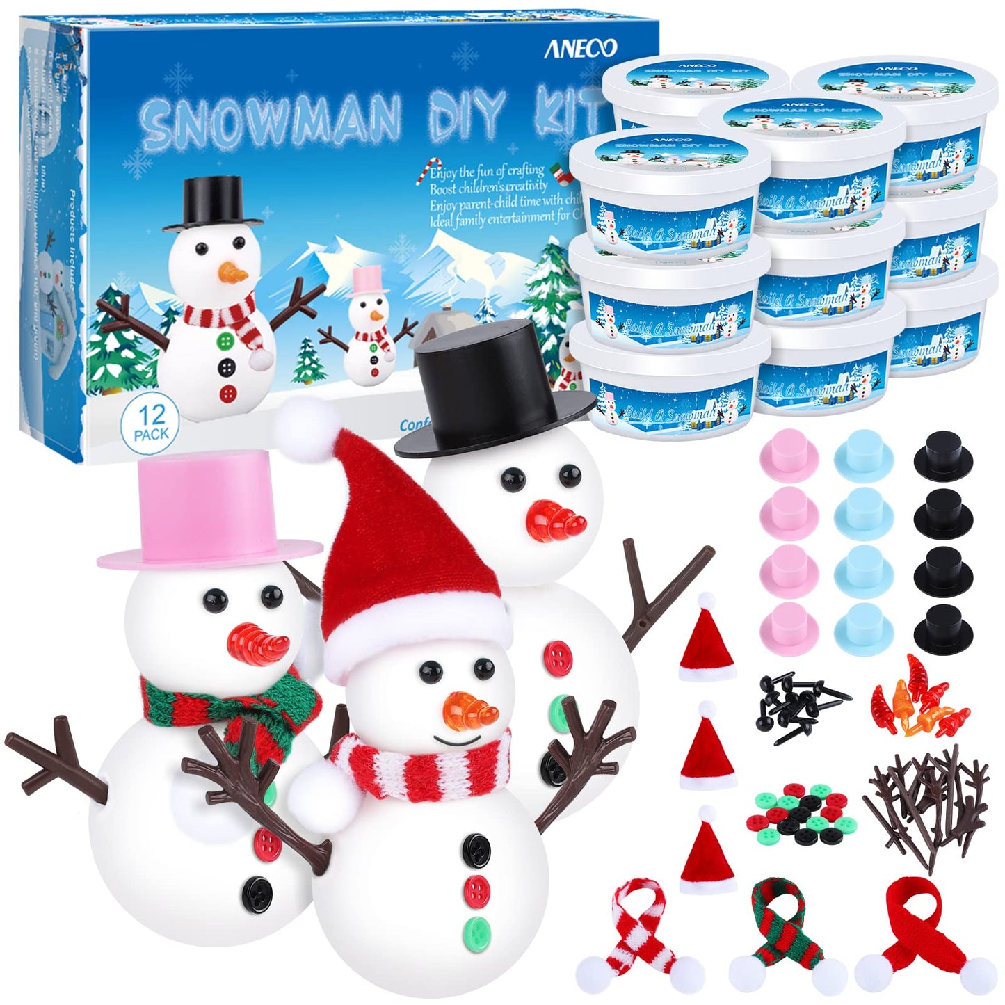 Aneco 12 Pack Christmas Snowman DIY Craft Build Snowman Craft Kit Christmas Decoration Air Dry Modeling Clay Winter Gift Game fo