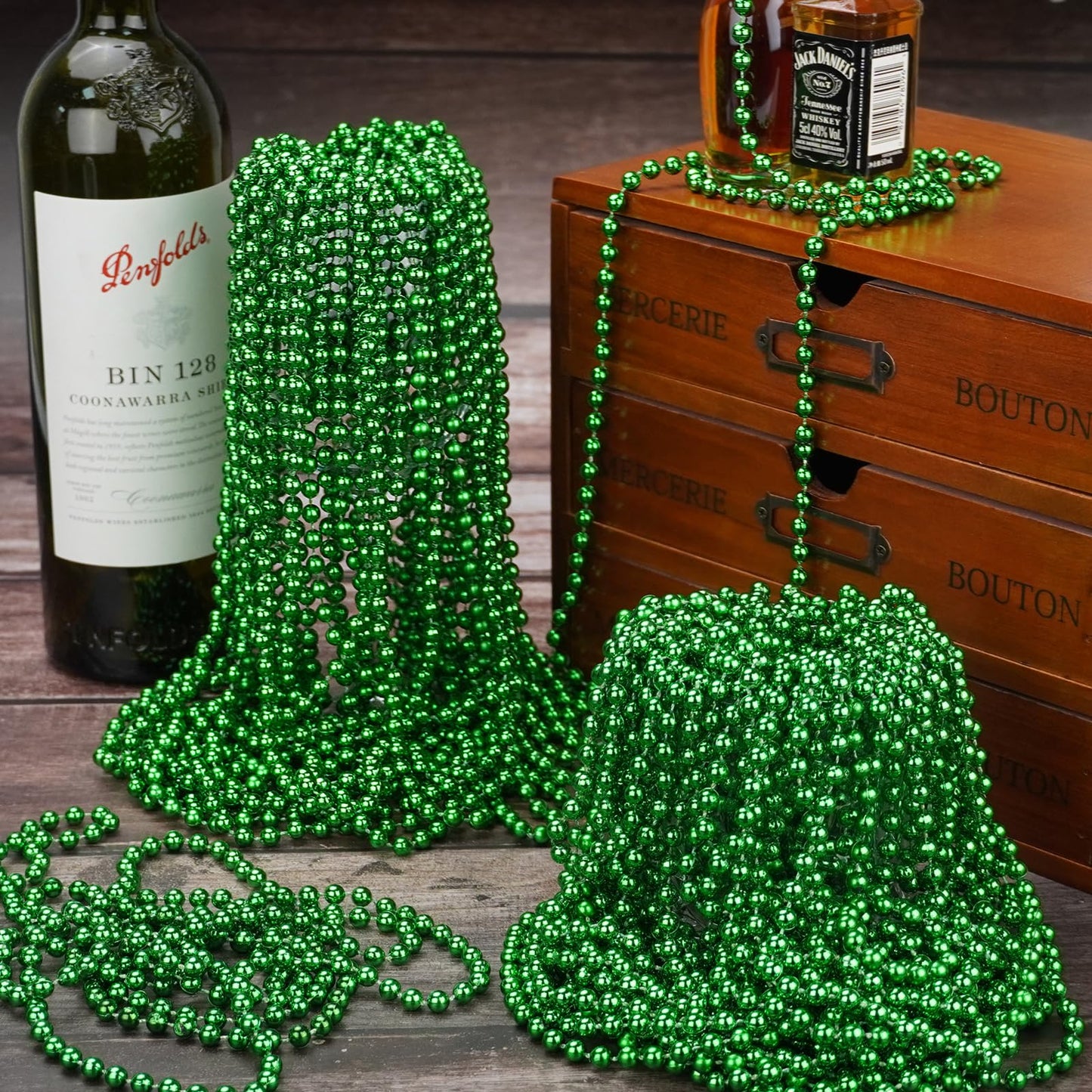 72 PCS Metallic Green Bead Necklaces, 33 Inch 7 mm Mardi Gras Beads Bulk Round Beaded Necklaces Costume Necklace for Mardi Gras