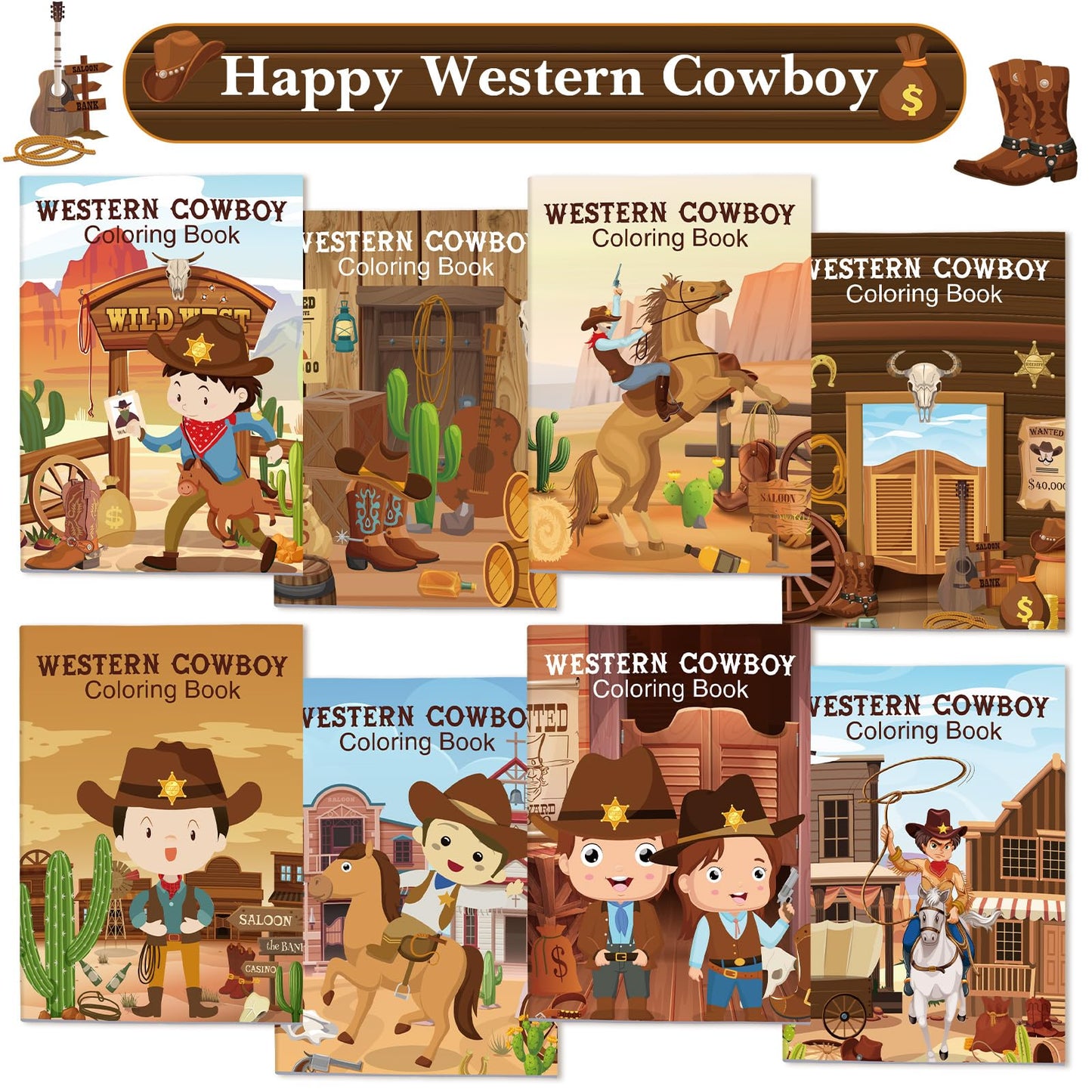 Nezyo Cowboy Coloring Books - 24 Pack Wild West DIY Art Drawing Booklets, Paper, White, Model AZ2343, Perfect for Birthday Goodie Bags