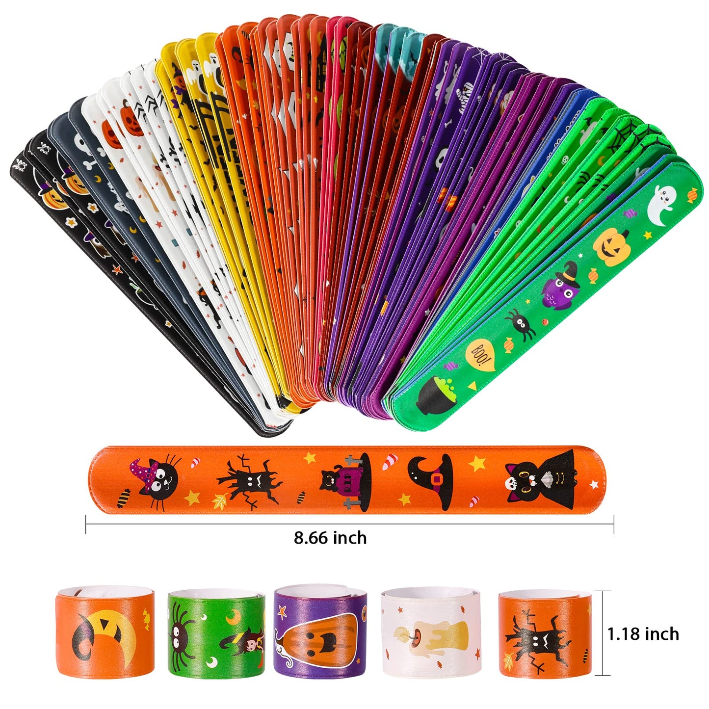 MGparty 72PCS Halloween Slap Bracelets 24 Halloween Theme Designs Spider Pumpkin Ghost Zombie Bat Witches Snap Bracelet for Kids