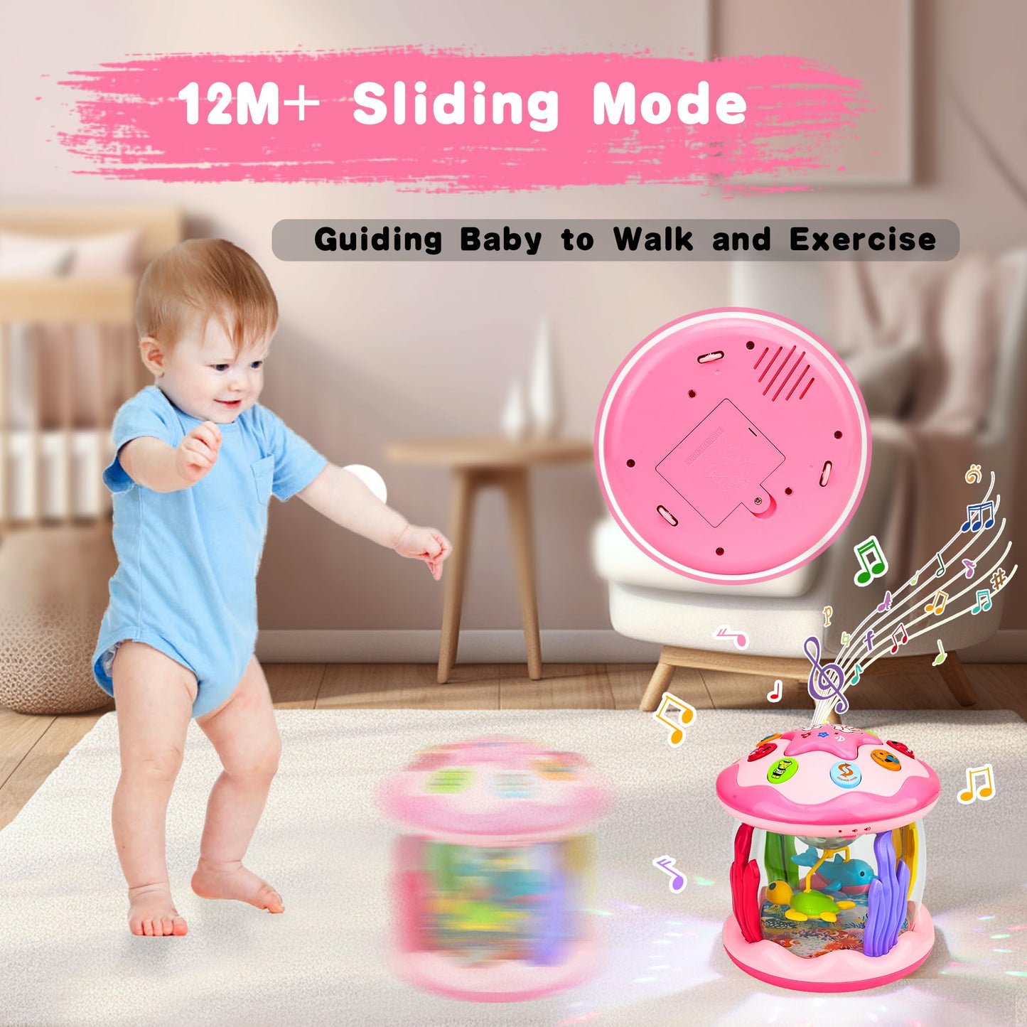 Aboosam Baby Girl Toys 6-12 Months: Babies Ocean Rotating Light Up Musical Toys 12-18 Months Crawling Learning Infant Toys For Toddlers 1 2 3 Years Old Baby Girl Gifts (Pink)