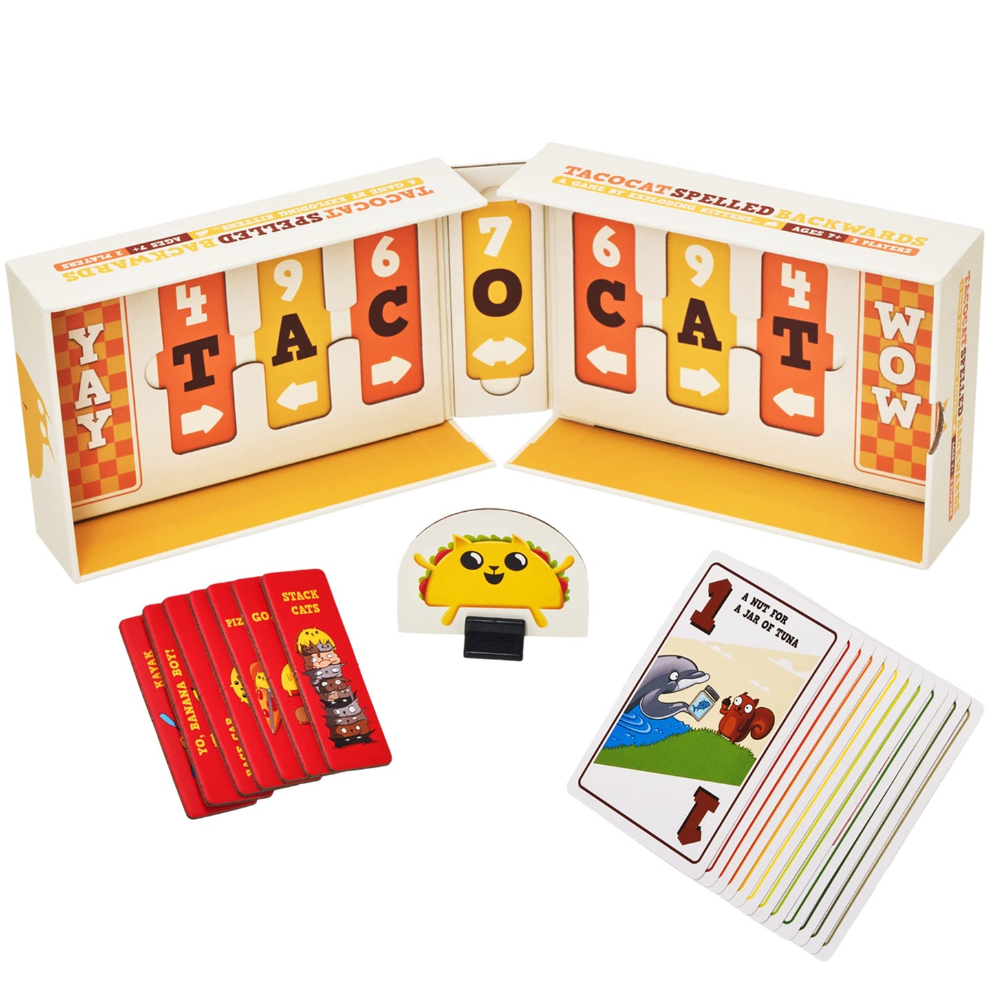 Exploding Kittens Tacocat Spelled Backwards Board Game - 2 Players, Ages 7+, Cardboard, Multicolor, TACO-CORE-1, 15 Minutes to Play
