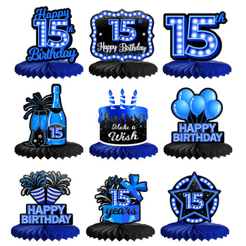 Happy 15th Birthday Honeycomb Centerpieces 9Pcs Stylish Sophisticated Blue Neon Theme Table Decor for Boys Girls Birthday Party 
