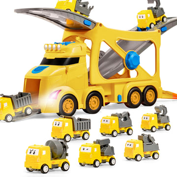 VROOMIX 3-Layer Extra Large Construction Truck Toys for Boy Girls, 7-in-1 Big Transport Vehicle Carrier Truck with Directional T