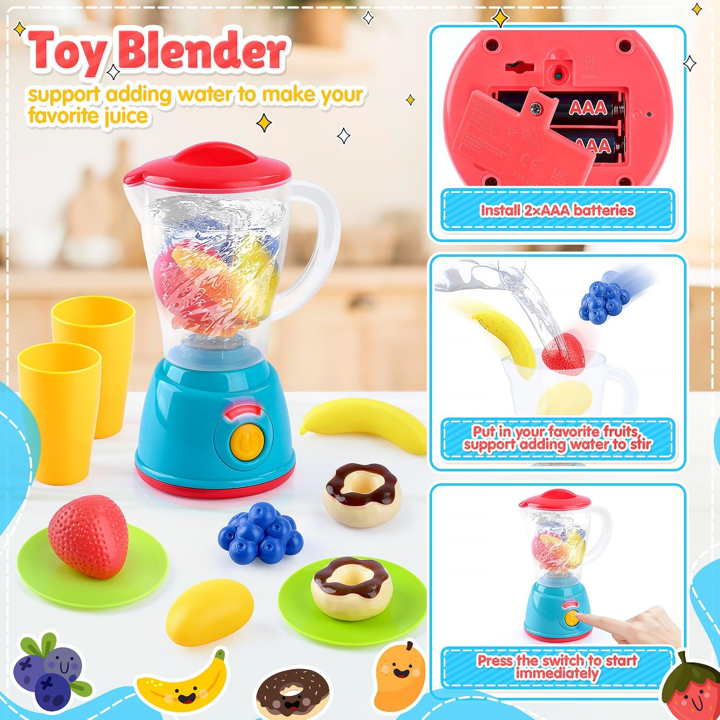 PLAY Kitchen Appliances Toys Set, Pretend Play Kids Kitchen Playset with Coffee Maker, Toy Blender and Play Foods, with Realisti