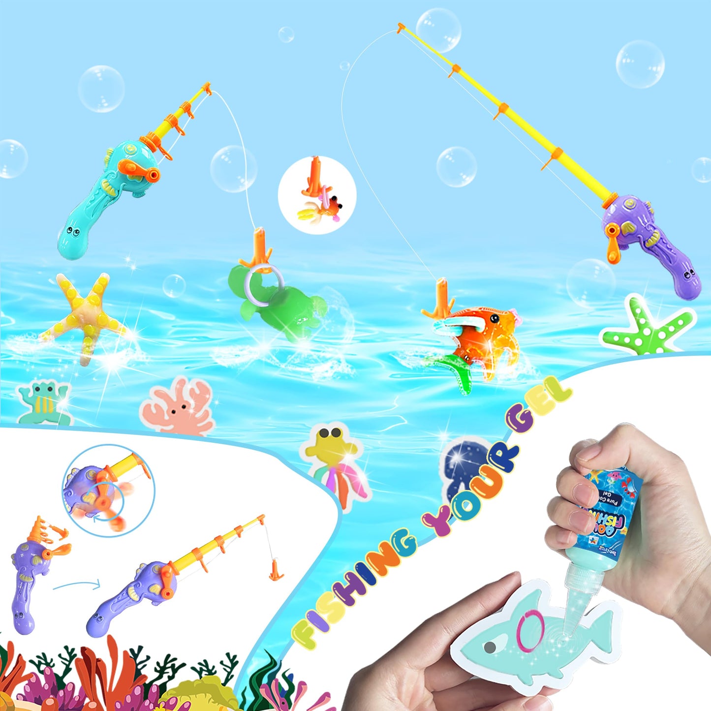 BEIREG Aqua Water Fairy Gel Kit, Magic Squishy Elf Water Toy Kit with 18 Color Gel, 18 Shape Molds, 2 Fishing Toy, Create Squish