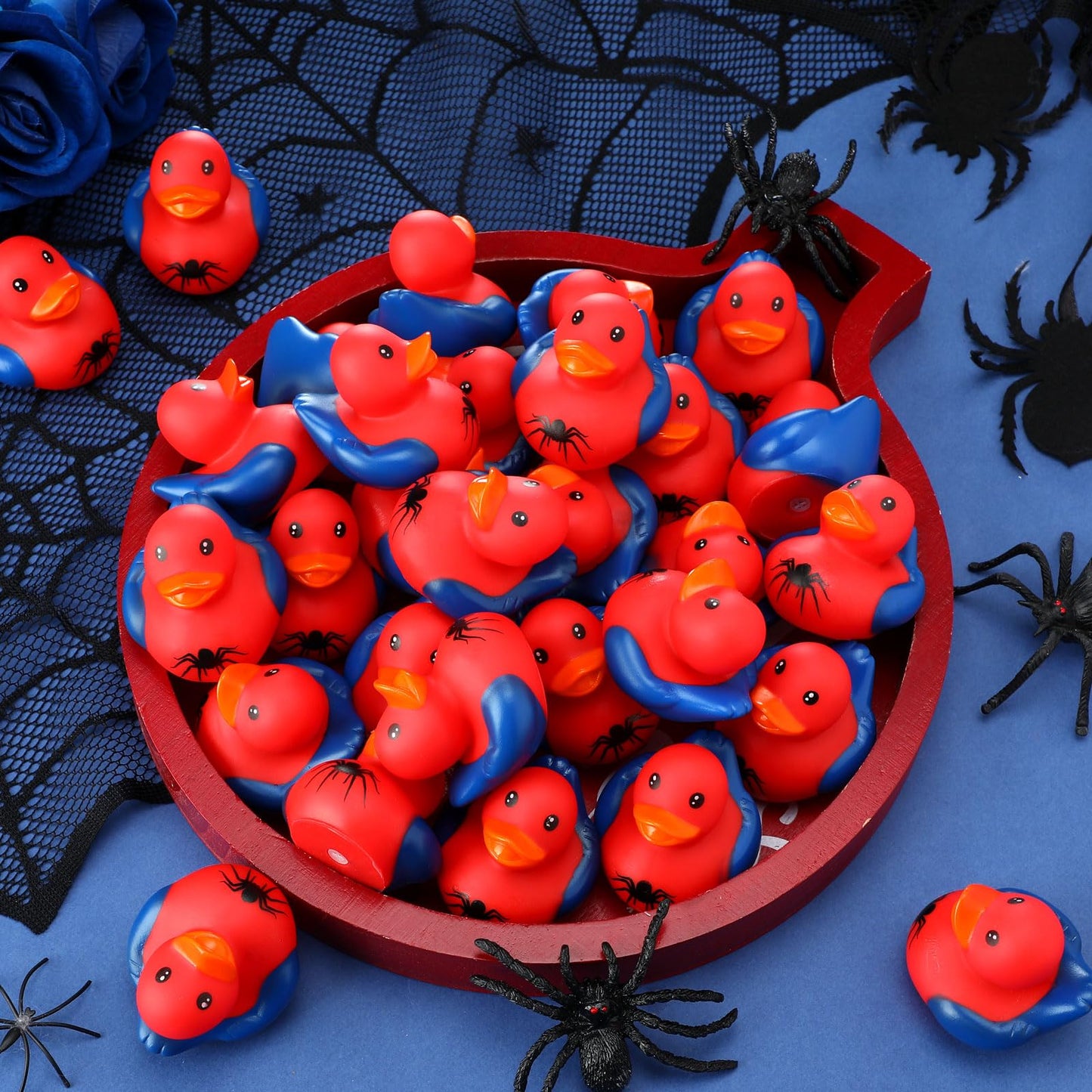 Leyndo 24 Pcs Christmas Spider Rubber Duck Bulk Spider Birthday Party Decoration Favors Squeaky Red Blue Duck for Bathtub Floating Pool Gifts Party Supplies