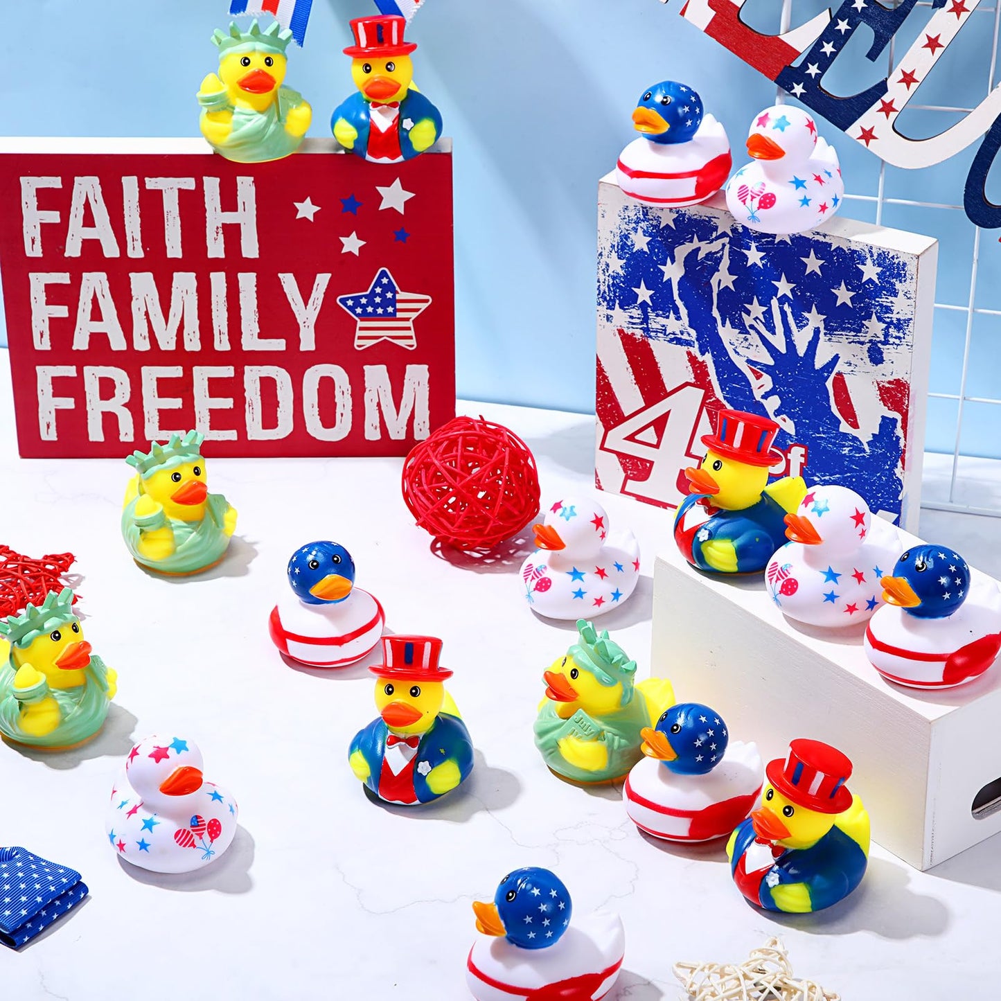 Jerify 24 Pcs 2 Inch Patriotic Rubber Ducks Summer Small Shower Float Rubber Ducks Star Ducky for Bath Birthday Gifts Baby Showers Beach Pool 4th of July Independence Day (Stylish)