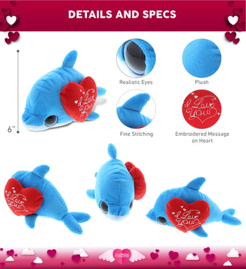 Dollibu I Love You Valentine Plush Big Eye Blue Dolphin - Cute Stuffed Animal With Red Heart And Name Personalization Gift For Valentines Day, Birthday, Anniversary, Romantic Date - 6 Inches