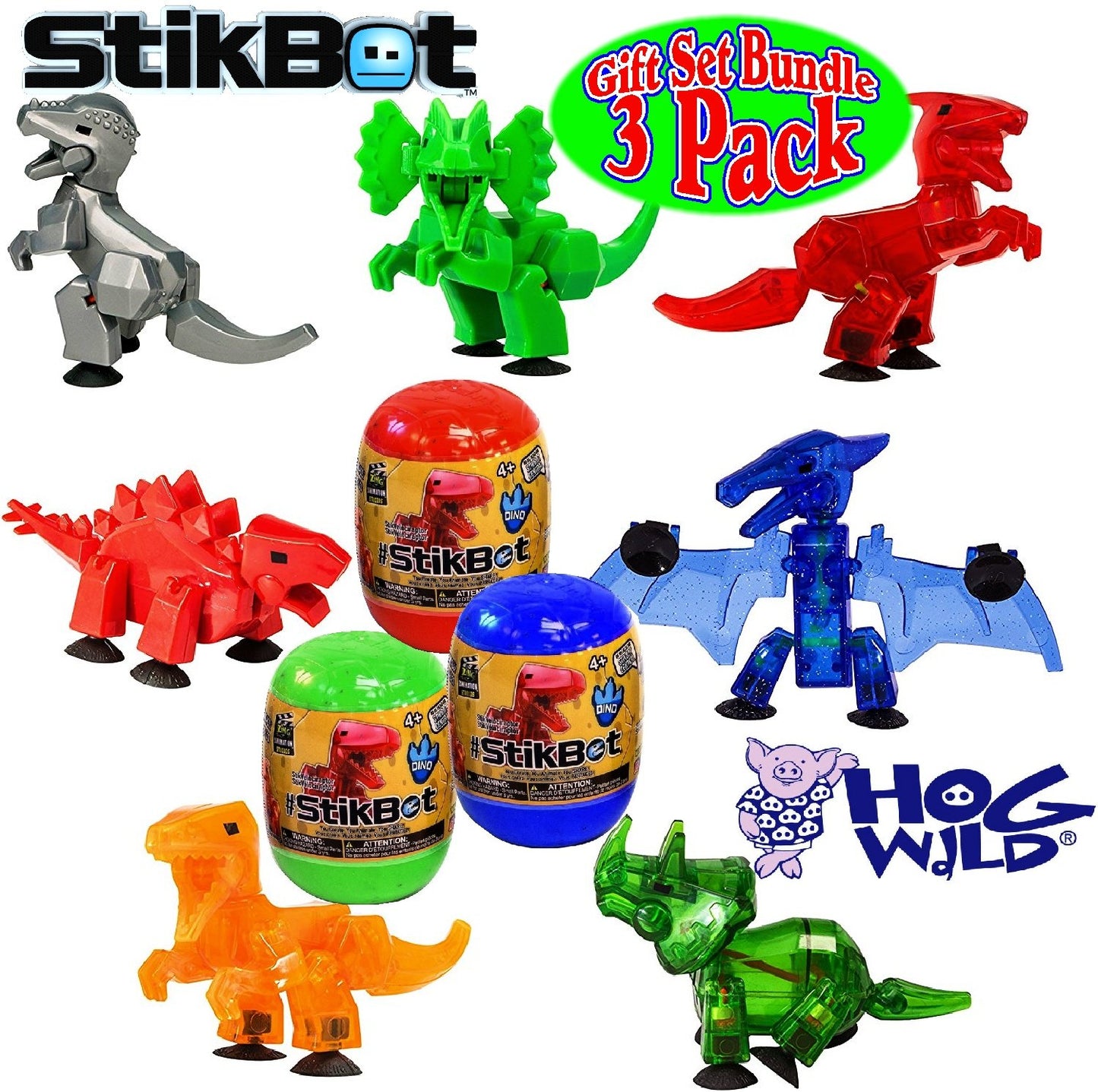 Hog Wild StikBot Dinosaur Mystery Egg Figures Gift Set - 3 Pack Assorted Colors with Storage Bag, Medium, Plastic