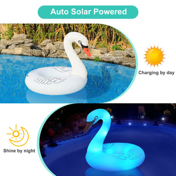 Inflatable Swan Pool Float With Colorful Lights, Flyfreeu Solar Powered Led Color Changing Swan Swim Tube Rings, 42'' Large Pool