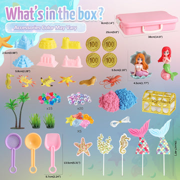 KNASON Mermaid Sensory Bin,Play Sand Art Kit for Girls and Boys with 2.2lbs Sensory Play Colored Sand,Treasure Accessories and S
