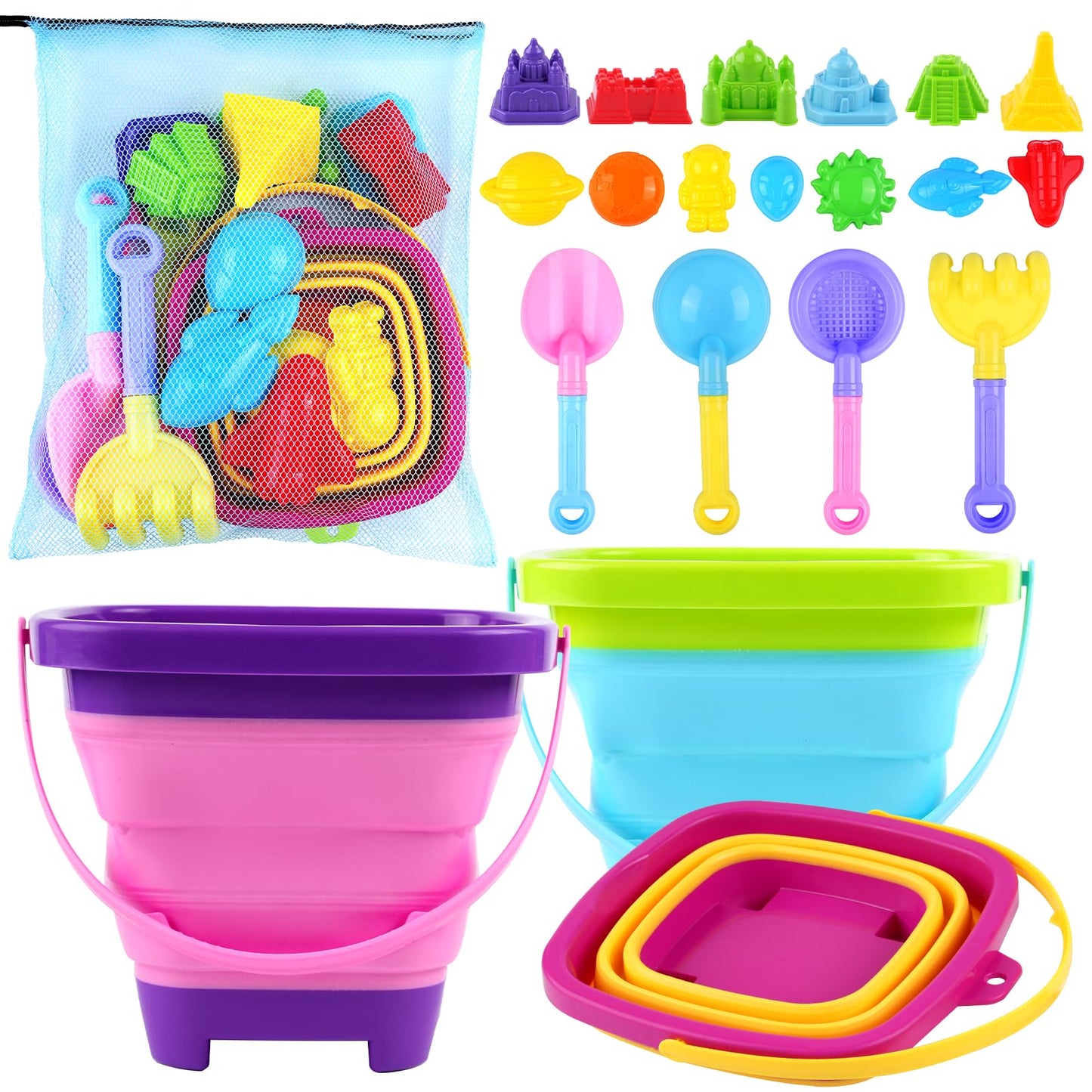 Oun Nana Beach Toys, 21 PCS Sand Toys for Kids, Sandbox Toys with Collapsible Beach Buckets and Shovels Set, Sand Castle Kit, Sa