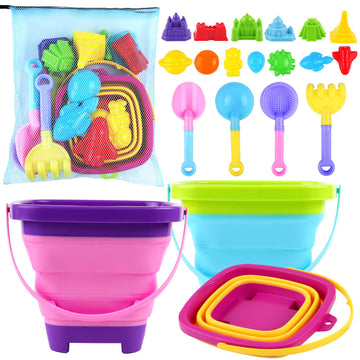 Oun Nana Beach Toys, 21 PCS Sand Toys for Kids, Sandbox Toys with Collapsible Beach Buckets and Shovels Set, Sand Castle Kit, Sa