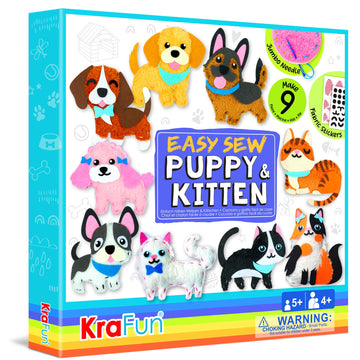 Krafun Easy Sewing Kit For Beginner Kids Arts & Crafts, 8 Easy Diy Projects Of Stuffed Animal Dolls Of Puppies & Kittens, Dogs And Cats, Instructions & Felt, Gift For Girls, Boys, Learn To Sew