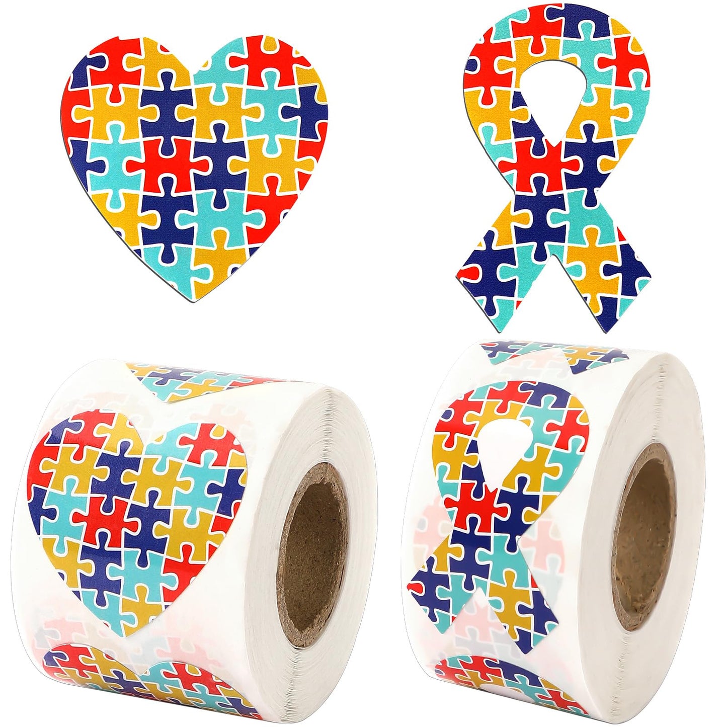 FEBSNOW Autism Sticker, 600Pcs 2 Roll Autism Awareness Heart Ribbon Stickers Self Adhesive Aspergers Awareness Decal Sticker En