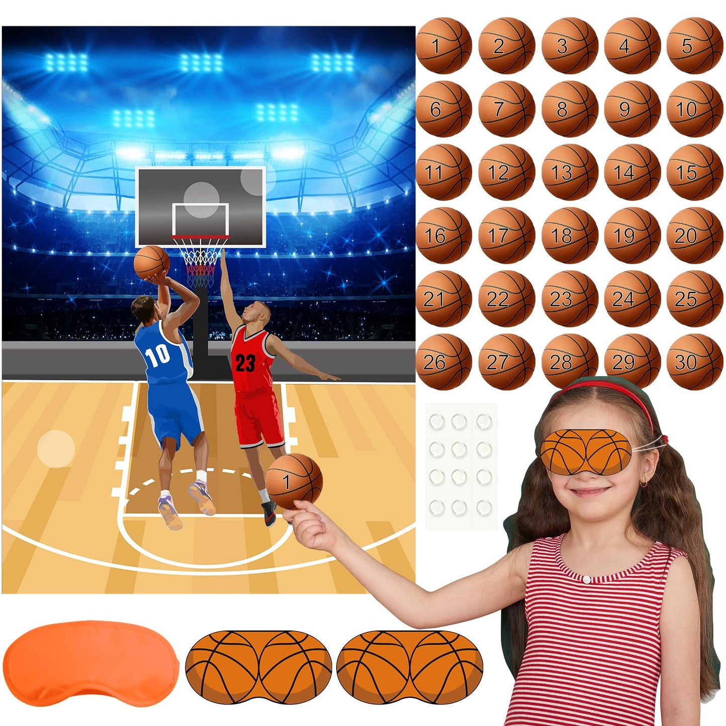PLULON Basketball Party Game for Kids Pin The Basketball on The Hoop Game Basketball Poster with Basketball Stickers for Boys Girls Birthday Party Wall Decorations Classroom Activities