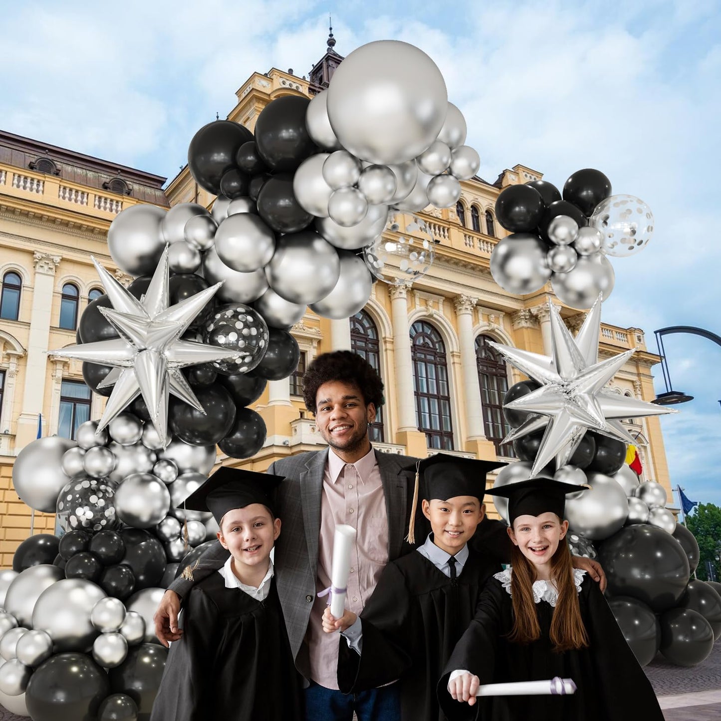 Black And Silver Balloons Garland Arch Kit, 146Pcs Metallic Silver And Black Balloons With Silver Exploding Star Foil Balloons F