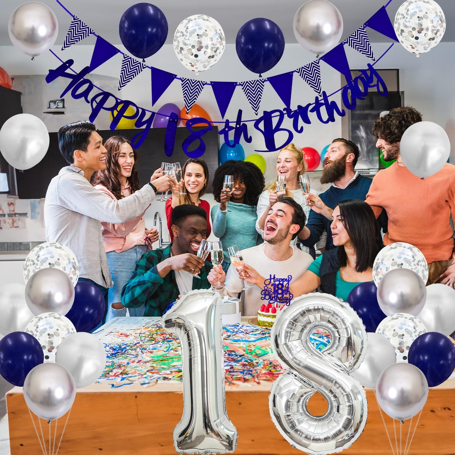 18Th Birthday Decorations For Boys, Blue Happy 18Th Birthday Banner With Navy Blue Silver 18Th Birthday Balloons 18 Birthday Cak