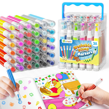 D-FantiX 36 Colors Washable Markers for Kids, Stamp Markers Coloring Set with Coloring Books and Stand Portable Box, Back to Sch