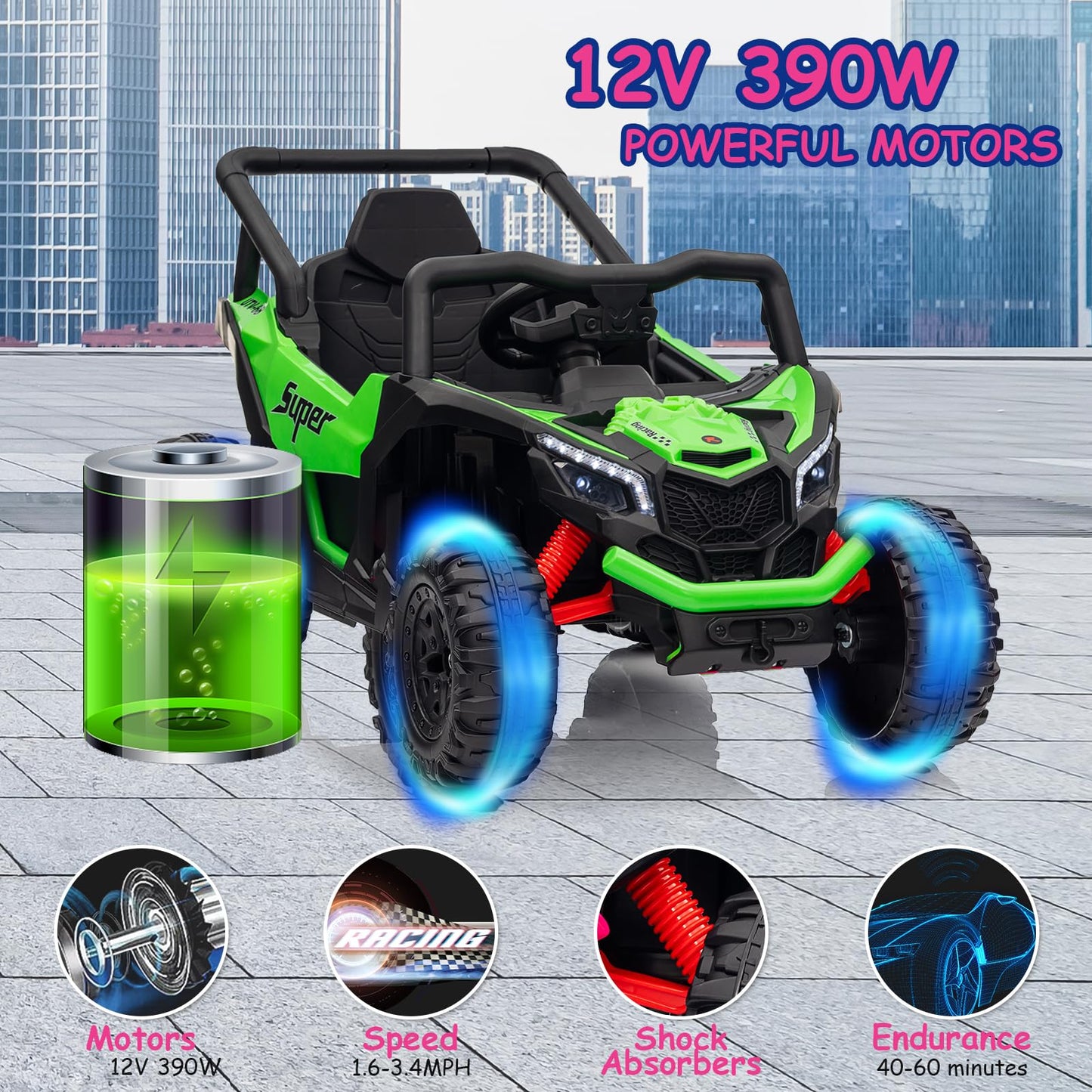 Run Fast 12v Ride on Car with Parent Remote Control Electric Ride on UTV Toys Car for Kids 3-5 2WD 25W Motors 4 Spring Suspension Safety Belt Horn Music and LED Lights (Green  12V)