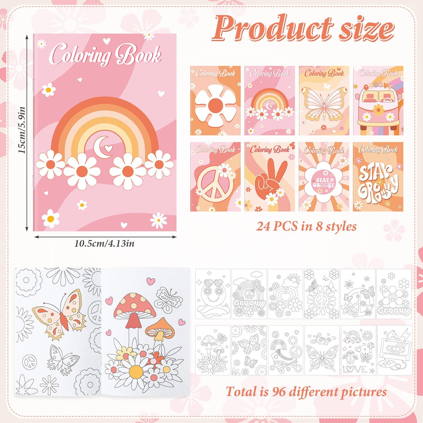 Honoson 24 Pcs Hippie Boho Coloring Books Kids Stay Groovy Drawing Book Peace Sign Mini Coloring Book Daisy Rainbow Hippie Bus A