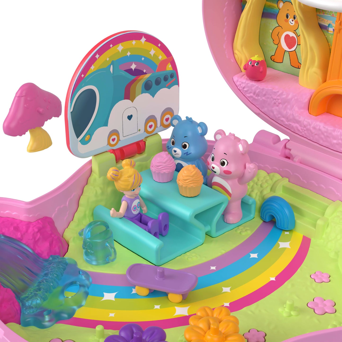 Polly Pocket Care Bears Dolls & Playset with Toy Car, Multicolor, Model JCC14, Travel Toy