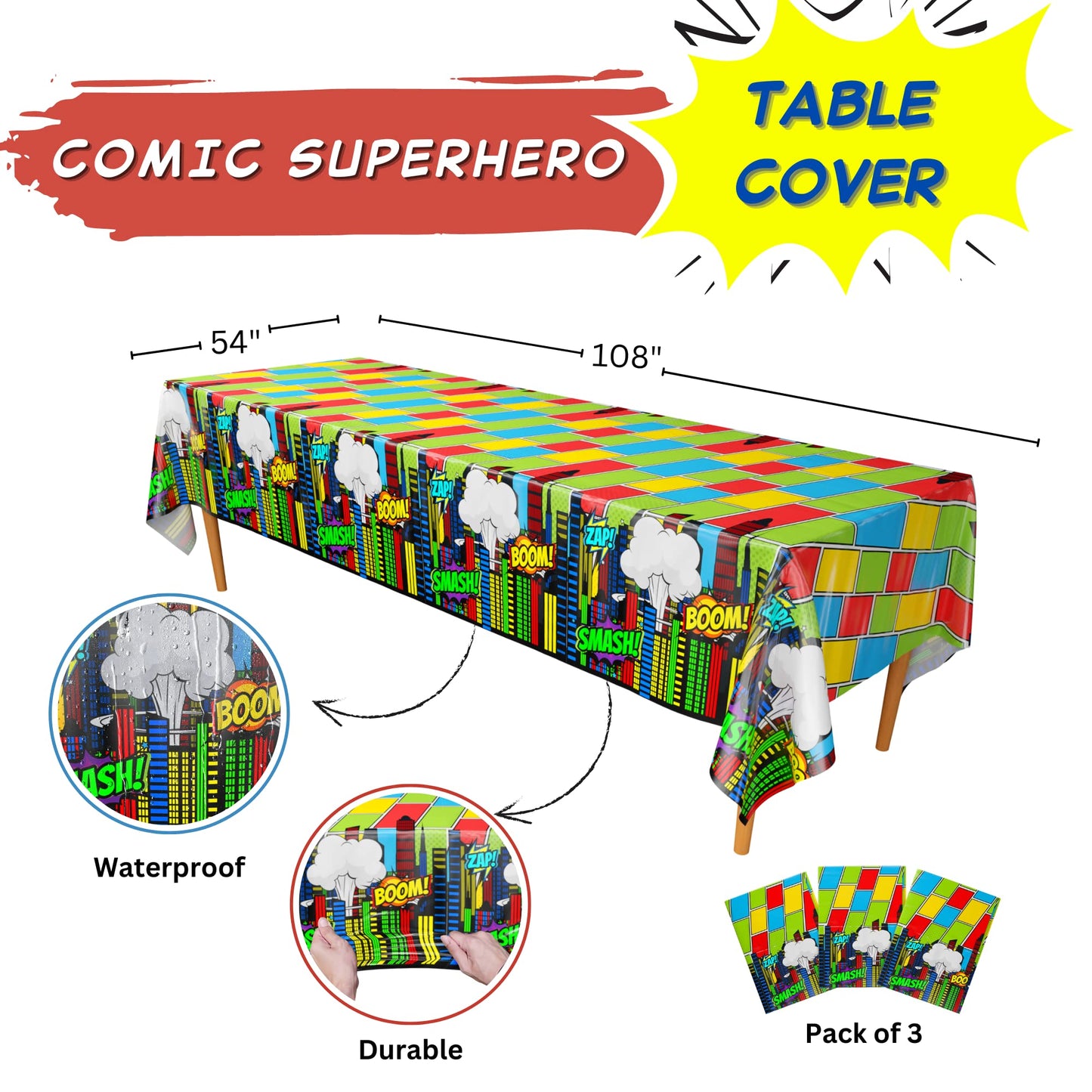Blue Orchards Comic Superhero Table Covers (Pack of 3) 108x54 XL - Superhero Table Cloth for Parties, Superhero Party Decoration