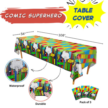 Blue Orchards Comic Superhero Table Covers (Pack of 3) 108x54 XL - Superhero Table Cloth for Parties, Superhero Party Decoration
