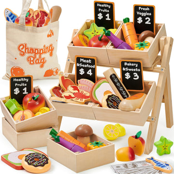 Toyssa Wooden Play Food Sets For Kids Kitchen, Play Toy Foods For Toddlers With Realistic Colors & Shelf, Pretend Play Kitchen A
