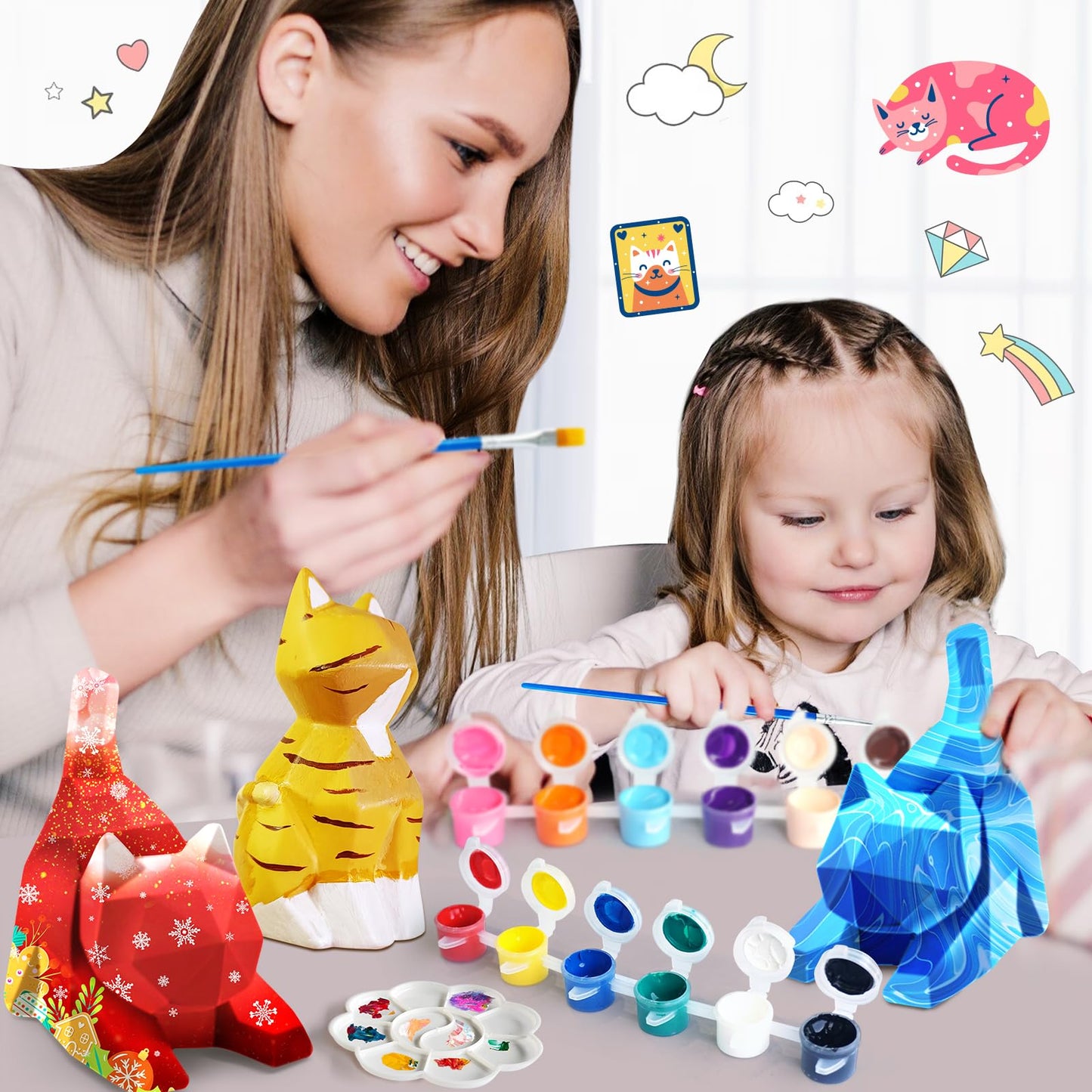 Goodyking DIY Cat Night Light Art Kit - 2pcs, Painting Set for Kids Ages 4-12, Cat Craft Gift
