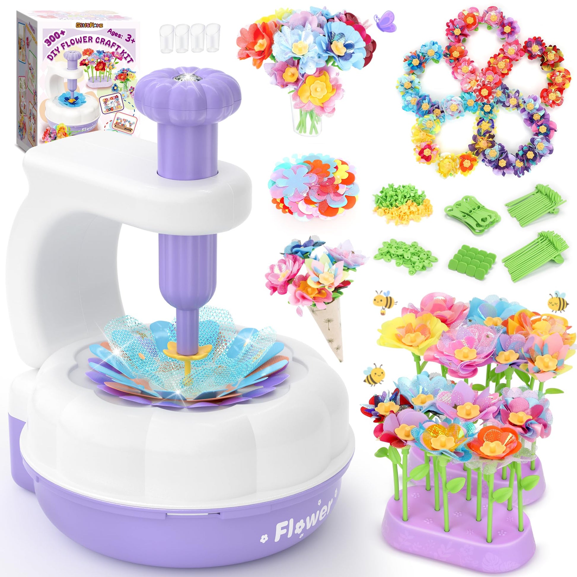 GirlsHome 300+PCS Fabric Flower Bouquets Toys, DIY Flower Crafts Kits for Kids, Arts and Crafts for Kids Ages 6-8 Girls, Build F