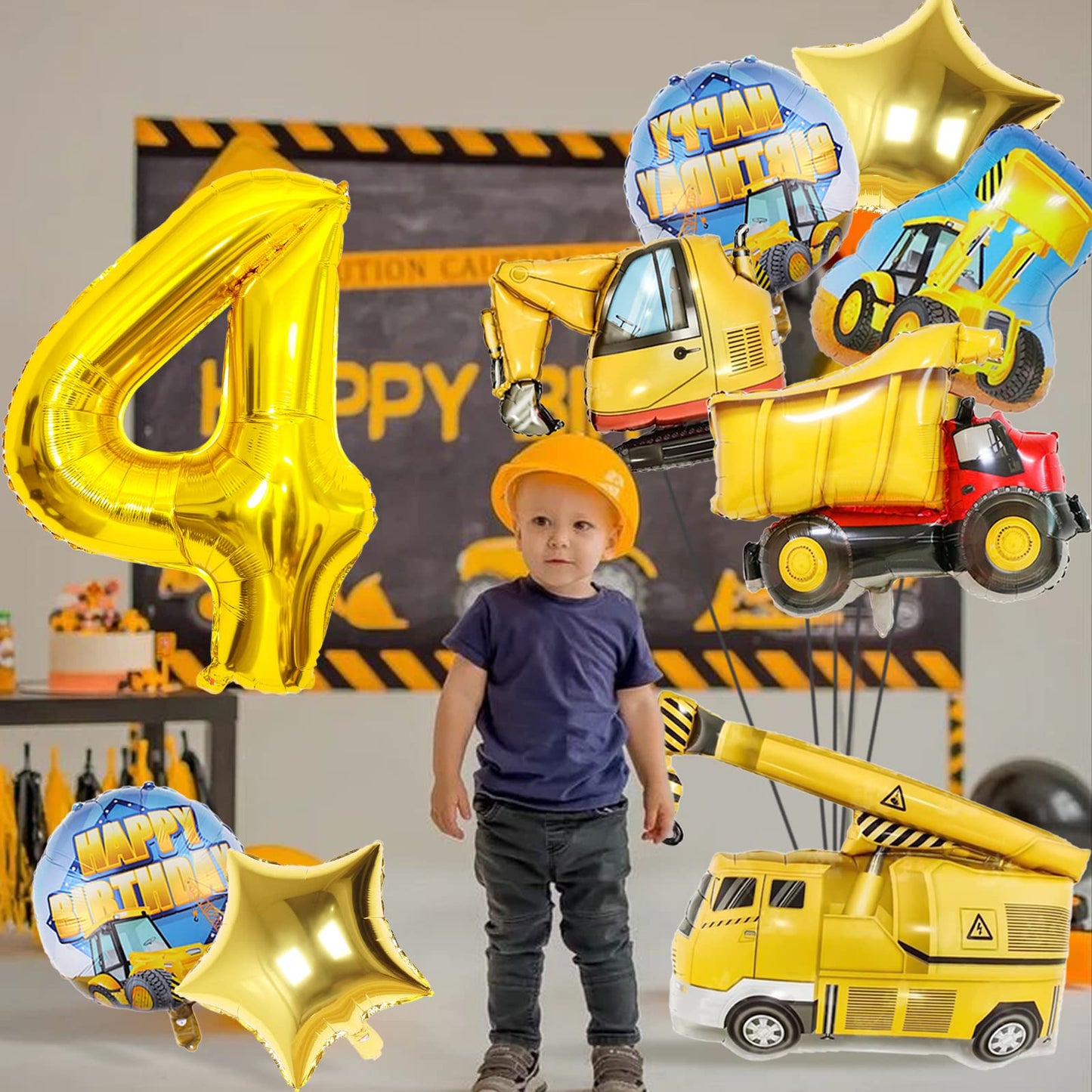 Construction Balloons 4Th Birthday, 9Pcs 40 Inch Gold Number 4 Balloons With Large Excavator Dump Truck Crane Bulldozer Foil Myl