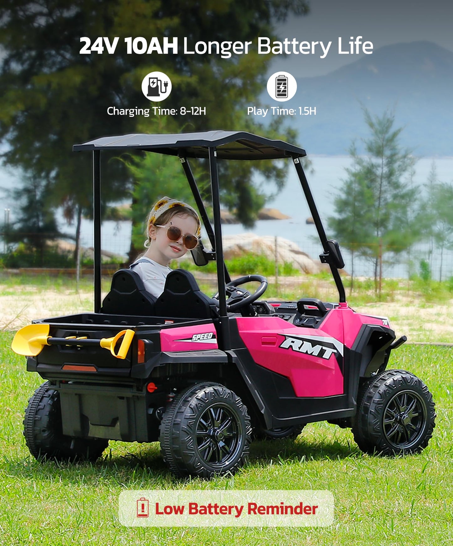 ELEMARA 24V Ride on Toy for Big Kid,Ride on Car 2 Seater w/Sun Shade,Dump Bed & Shovel,4.5MPH,4WD Electric Car for Kids,Battery