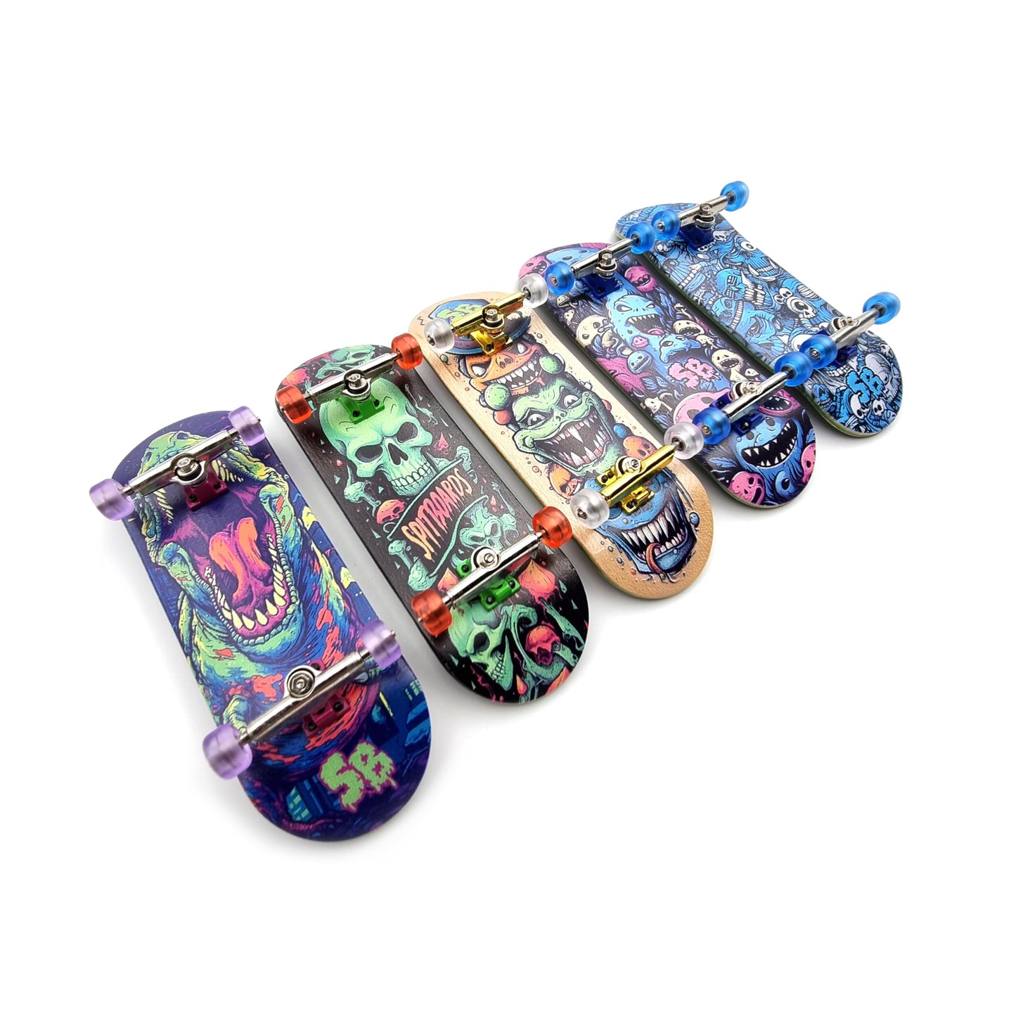 Spitboards® 32 X 96 Mm Fingerboard Complete Wood Set-Up Assembled, 5-Layers, Silver Trucks With Bushings And Nuts, Transparent Cnc Bearing Wheels, Lasered Foam Grip Tape Orange Green Skull