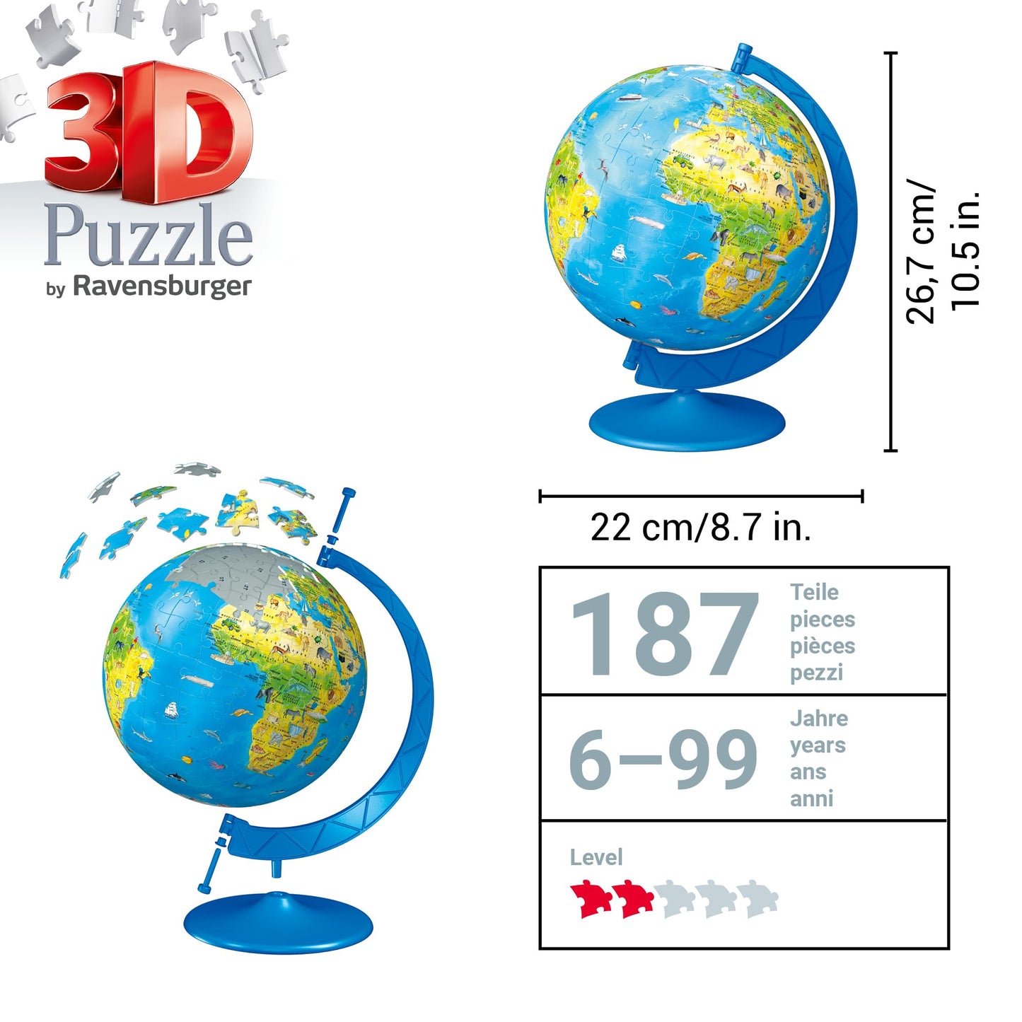 Ravensburger Children's World Globe 180 Piece 3D Jigsaw Puzzle | Easy Click Technology | Displayable Art | Perfect for Kids and mature-themeds | 10.5 in Diameter