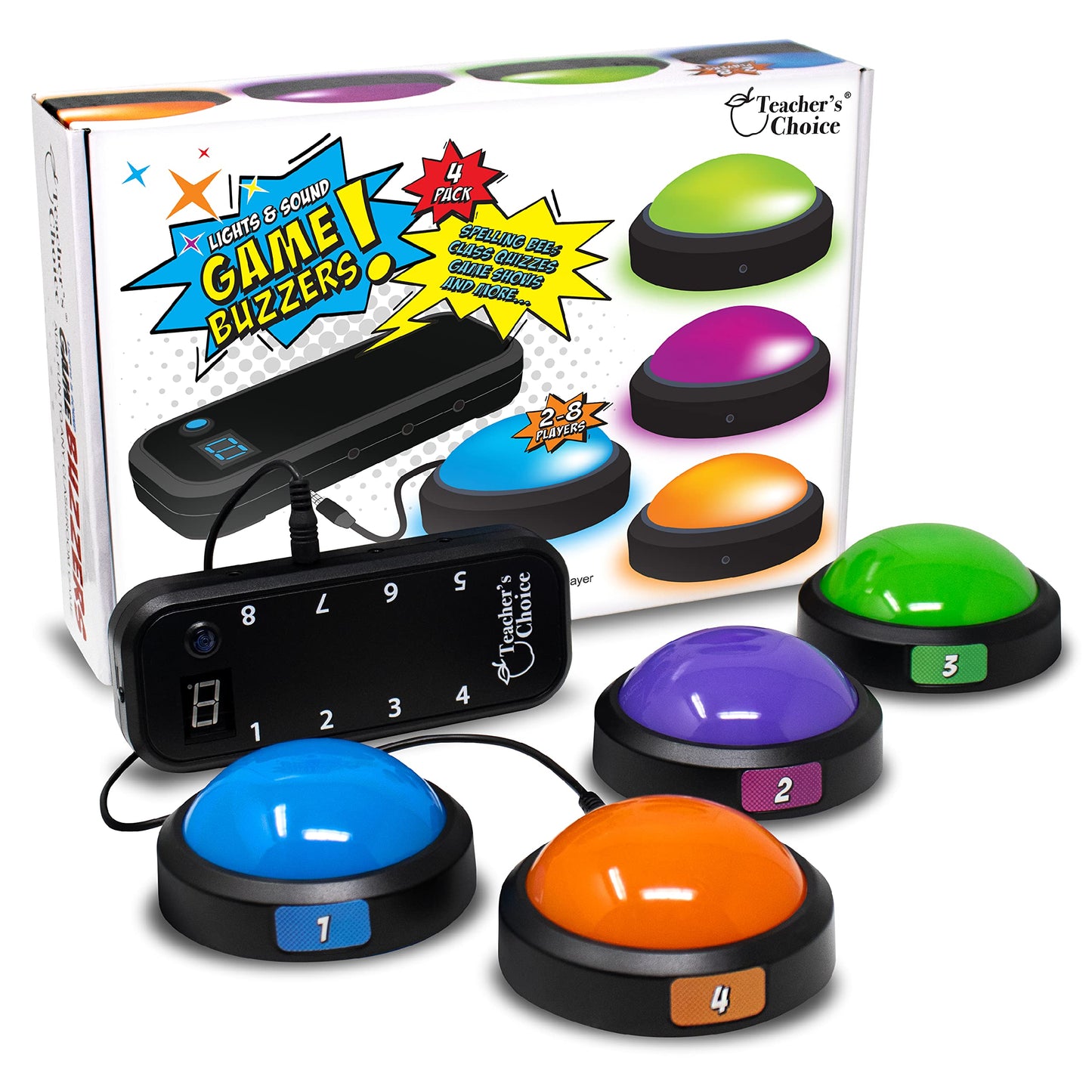 Teacher's Choice Light Up Game Buzzer System, Multicolor, 4 Pack, Unique Sounds for Trivia, Family Feud, Jeopardy