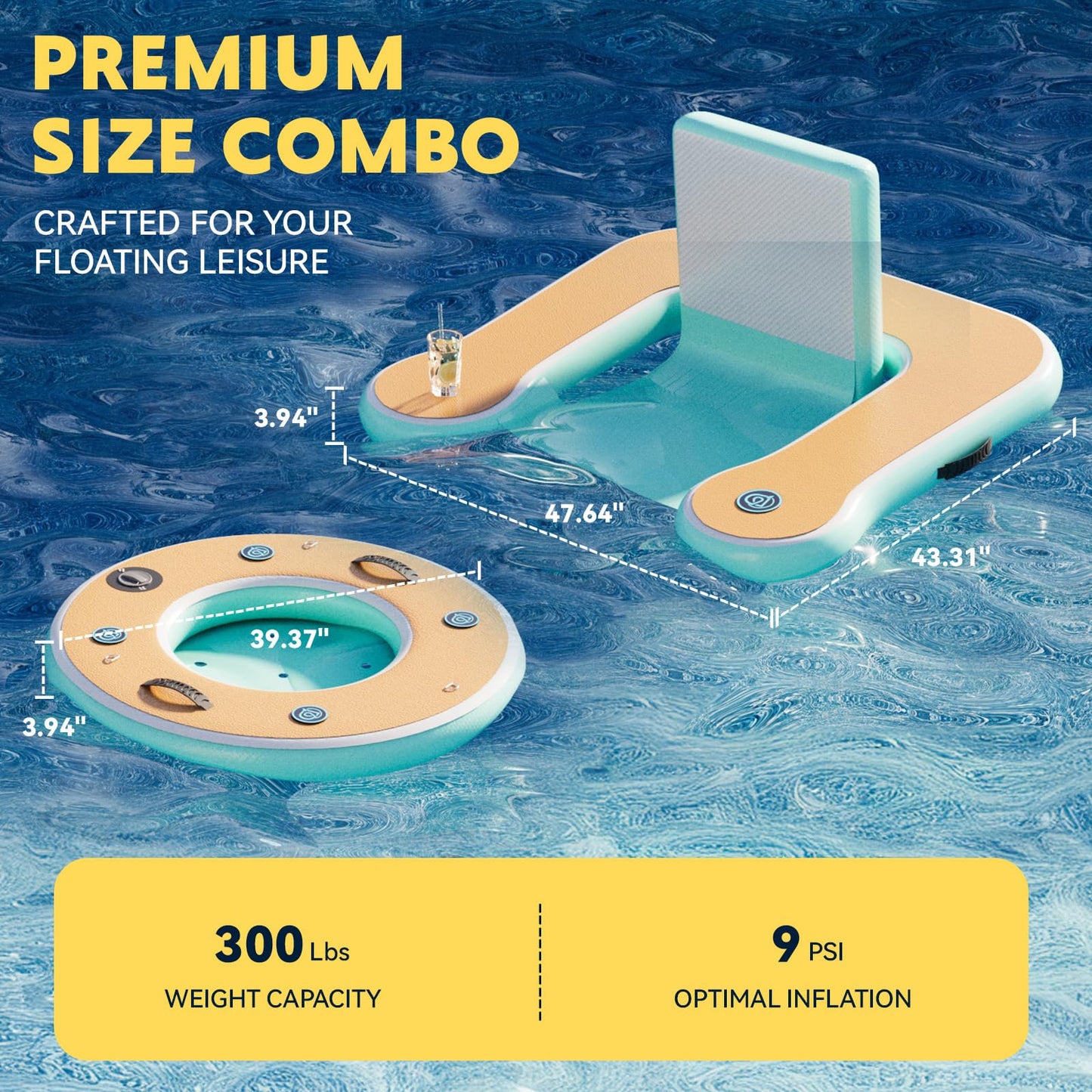 enhanced 47.64 x 43.31 Floating Chair with Round Bar  Inflatable Pool Float with Drink Holder  Heavy-Duty PVC & EVA  Includes Pump & Repair Kit  for Pool  Lake  Beach