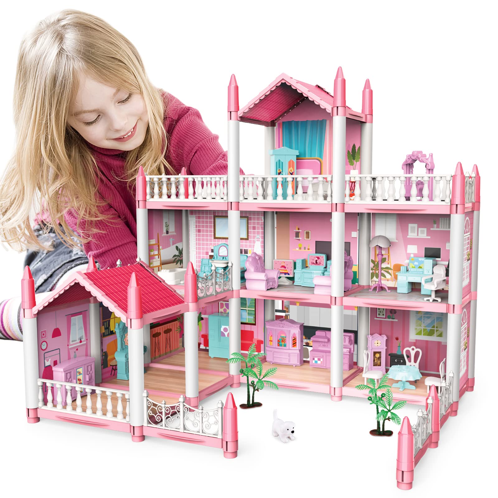 Deao Doll House Dollhouse - 3 Story 9 Rooms Pink Diy Pretend Play Building Playset, Dollhouse Asseccories And Furniture,Gift For 6 7 8 9 Girls Toddler